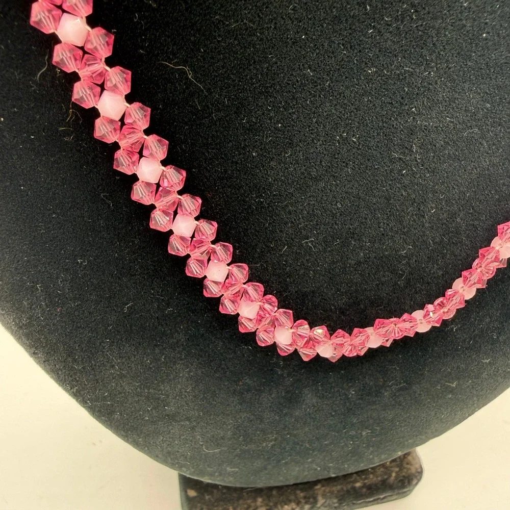 Handmade Pink Crystal Beaded Woven Necklace 17 Inch‎ Bicone Sparkle Artisan